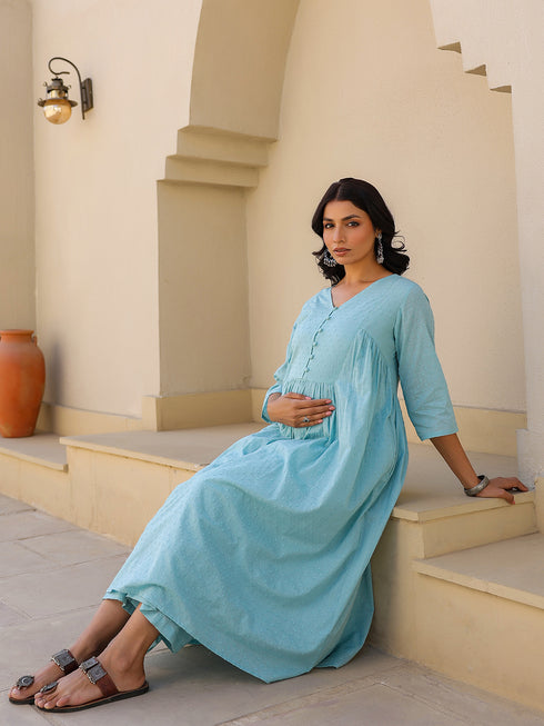 Light Blue Dobby Pure Cotton Self Design A-line Maternity Kurta Pant Set